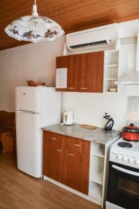 een keuken met een witte koelkast en een fornuis bij Haanja Guest Apartment with Sauna in Haanja