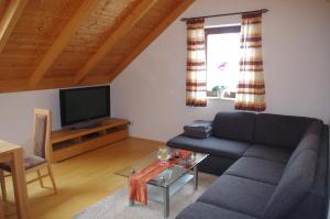 sala de estar con sofá y TV en Ferienwohnung Ernst en Riedenburg