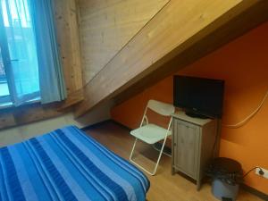 1 dormitorio pequeño con 1 cama y TV en Mansarda Arel, en Turín