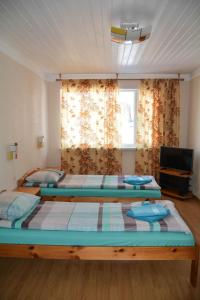 dwa łóżka siedzące w pokoju z telewizorem w obiekcie Haanja Guest Apartment with Sauna w mieście Haanja