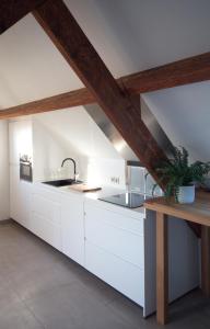 una cocina con armarios blancos y fregadero en De Heide, cozy apartment with separate entrance en Kampenhout