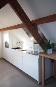 een keuken met witte kasten en een wastafel bij De Heide, cozy apartment with separate entrance in Kampenhout