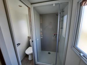 y baño con ducha de cristal y aseo. en Savina, en Litteau