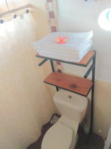 baño con aseo y 2 estanterías encima en La Casa del Hornero, en Piriápolis