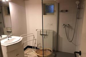 ein Bad mit einer Dusche, einem Waschbecken und einem Waschbecken in der Unterkunft La Maison de Mamy in Spa + 9 Fotos
