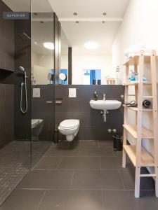 ein Bad mit einem WC, einem Waschbecken und einer Dusche in der Unterkunft Apartments Berlin Aroser Allee in Berlin