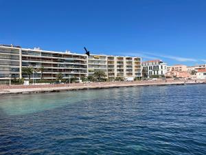 einem Wasserkörper mit Gebäuden im Hintergrund in der Unterkunft Palm Beach Amazing view in Cannes
