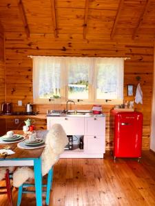 a kitchen with a table and a red refrigerator at Cabana Monte - Pousada Colina dos Ventos in Urubici