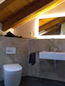 La salle de bains est pourvue de toilettes blanches et d'un lavabo. dans l'établissement Ferienwohnung Alpensonne, à Oberstdorf