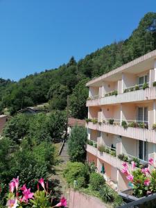 a view of a hotel with mountains in the background at Hotel Saint Jacques in Vals-les-Bains