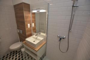 a bathroom with a sink and a shower with a toilet at Bíbor Apartman in Sárvár