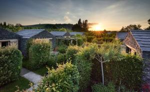 a garden with bushes and trees with the sunset in the background at WeinKulturgut Longen-Schlöder in Longuich