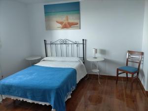 een slaapkamer met een bed met een blauwe deken en een stoel bij Pensión Oyambre in San Vicente de la Barquera