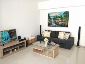 ein Wohnzimmer mit einem Sofa und einem TV in der Unterkunft Stylish home - comfortable holidays near the beach. in Panormos