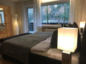 ein Schlafzimmer mit einem Bett und einem großen Fenster in der Unterkunft Apartment am Bikepark mit Kamin und Sauna in Winterberg