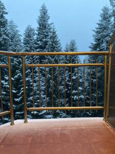une balustrade en bois sur une terrasse couverte avec des arbres enneigés dans l'établissement Flora Apartment 613, à Borovets