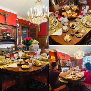 1000 Islands Bed and Breakfast-The Bulloch House في غانانوكي: صورتين لغرفة طعام مع طاولة مليئة بالطعام