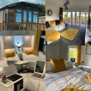 a collage of photos of a bedroom and a living room at The Lunar Ray in Felton