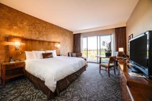 トーランスにあるミヤコ ハイブリッド ホテル トーランスのベッド1台、薄型テレビが備わるホテルルームです。