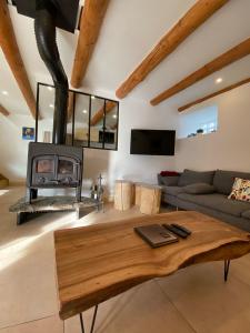 uma sala de estar com um sofá e uma lareira em Gite le Tilleul em Avajan