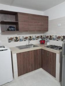 cocina con armarios de madera, fregadero y fogones en J79 Apartamentos Vacacionales, en Ibagué