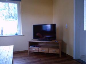 a flat screen tv on a wooden stand in a living room at One-Bedroom Apartment in Putbus I in Putbus