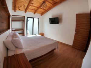 ein Schlafzimmer mit einem Bett und einem TV an der Wand in der Unterkunft Real Carretero in Tapalpa