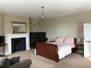 a bedroom with a bed with pink pillows and a fireplace at Apuldram Manor farm in Chichester