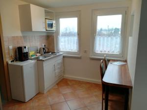 a small kitchen with a sink and two windows at Ferienwohnung Katrin - nahe Chemnitz in Limbach-Oberfrohna