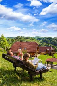 two people laying on a bench with their laptops at Farm Stay Pirc in Laško
