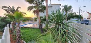 - une vue depuis le balcon d'une maison avec des palmiers dans l'établissement * Casa del Diamante - Meer- und Buchtblick VILLA *, à Cala Pi