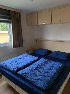 ein Schlafzimmer mit zwei Betten mit blauer Bettwäsche und einem Fenster in der Unterkunft RBR 655 - Beach Resort Kamperland in Kamperland