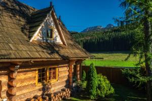 a log cabin in the mountains with a fence at Domki Pod Reglami in Zakopane