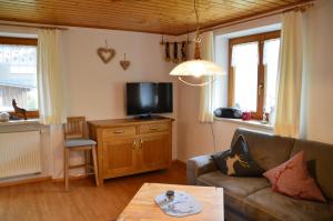 - un salon avec un canapé et une télévision dans l'établissement Landhaus Kaspar, à Bad Hindelang