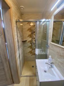 een badkamer met een douche en een witte wastafel bij Błękitna Laguna 2 in Rewa