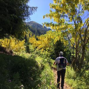 Un hombre con una mochila caminando por un sendero en Santorsola Relax Hotel, en Sant’Orsola