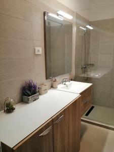bagno con lavandino, specchio e doccia di IRIS a Mamaia Nord - Năvodari