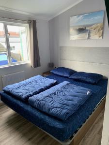 a bedroom with two beds with blue sheets and a window at Camping de Zandput - 604 in Vrouwenpolder