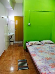 a green room with a bed and a sink at AMINA LODGE in Port Blair