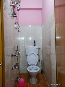 La salle de bains est pourvue de toilettes et d'un plafond rose. dans l'établissement AMINA LODGE, à Port Blair