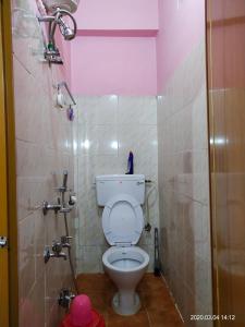 a bathroom with a toilet and a pink ceiling at AMINA LODGE in Port Blair +27 photos