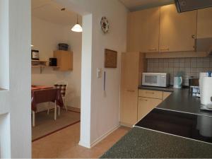 eine Küche mit einer Arbeitsplatte und einer Mikrowelle in der Unterkunft Haus Koppelblick in Plattenburg
