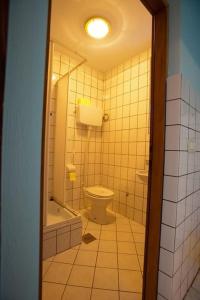 uma casa de banho com um WC, um chuveiro e um lavatório. em One-bedroom apartment with terrace in Povile 3542-3 em Povile