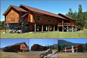 two pictures of a large wooden barn with a house at Eco Hotel Antuco in Antuco