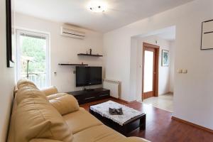 ein Wohnzimmer mit Couch und Fernseher in der Unterkunft Seaview Apartment Omisalj 3623-2 in Omišalj
