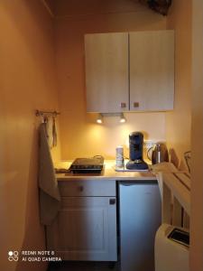 a kitchen with a counter with a coffee maker on it at Gîte des Fours in Agonges