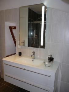 La salle de bains est pourvue d'un lavabo et d'un miroir. dans l'établissement Le Gîte de L'Ours, à Saint-Ours