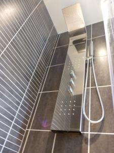 a bathroom with a shower with gray tiles at Le Gîte de L'Ours in Saint-Ours