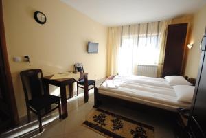 een slaapkamer met een bed, een bureau en een raam bij Villa Ana in Gornja Trepča