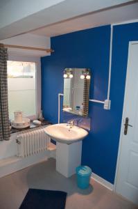 La salle de bains bleue est pourvue d'un lavabo et d'un miroir. dans l'établissement Chambres d'hôtes de la Quairelle, à Gerpinnes